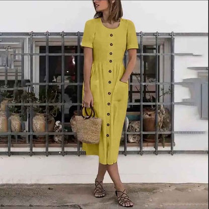 Summer Fashion Round Neck Button Short Sleeve with Pocket Women's Dress Long Skirt DR08210503