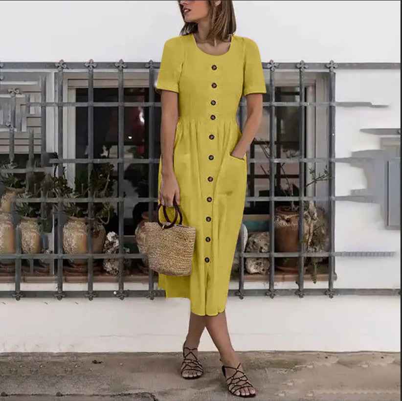 Summer Fashion Round Neck Button Short Sleeve with Pocket Women's Dress Long Skirt DR08210503