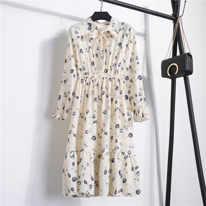 Long Sleeve Floral Print Chiffon Dress - Medium Lace Up Slim Fit Women's Dress