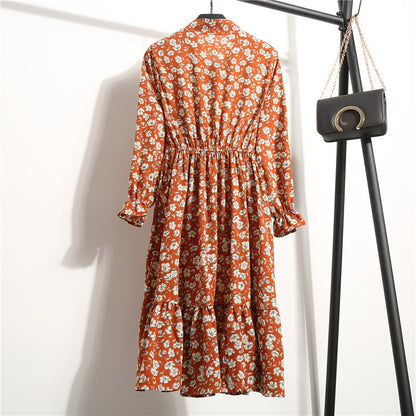 Long Sleeve Floral Print Chiffon Dress - Medium Lace Up Slim Fit Women's Dress