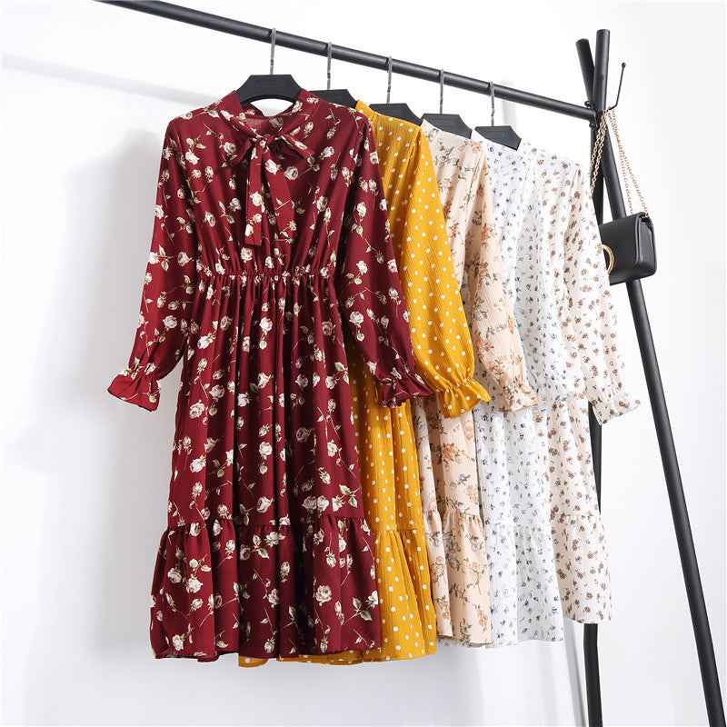 Long Sleeve Floral Print Chiffon Dress - Medium Lace Up Slim Fit Women's Dress