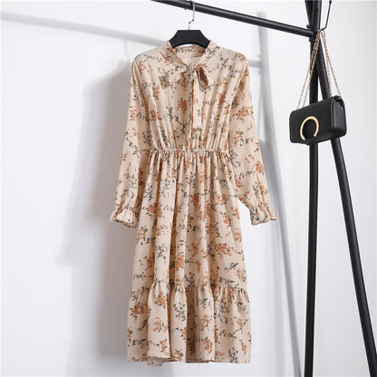Long Sleeve Floral Print Chiffon Dress - Medium Lace Up Slim Fit Women's Dress
