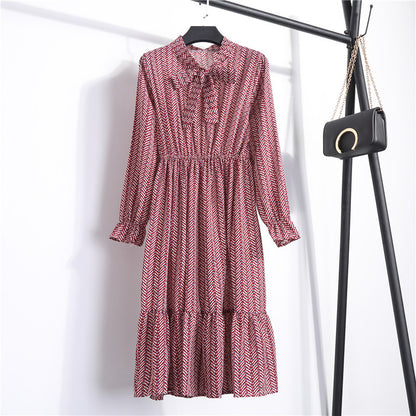 Long Sleeve Floral Print Chiffon Dress - Medium Lace Up Slim Fit Women's Dress