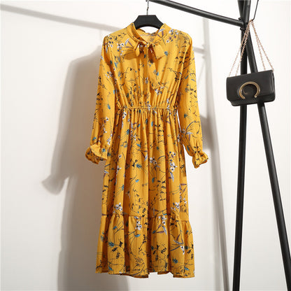 Long Sleeve Floral Print Chiffon Dress - Medium Lace Up Slim Fit Women's Dress