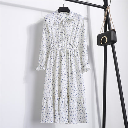 Long Sleeve Floral Print Chiffon Dress - Medium Lace Up Slim Fit Women's Dress
