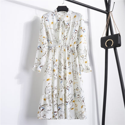 Long Sleeve Floral Print Chiffon Dress - Medium Lace Up Slim Fit Women's Dress