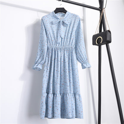 Long Sleeve Floral Print Chiffon Dress - Medium Lace Up Slim Fit Women's Dress