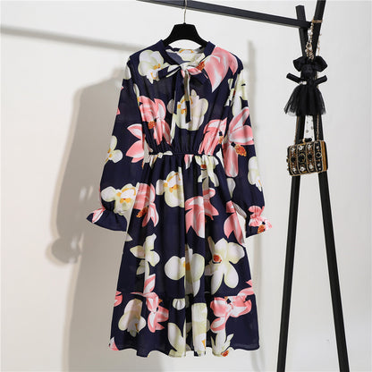 Long Sleeve Floral Print Chiffon Dress - Medium Lace Up Slim Fit Women's Dress
