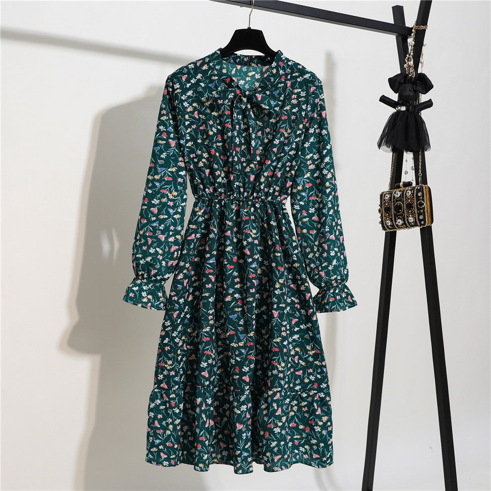 Long Sleeve Floral Print Chiffon Dress - Medium Lace Up Slim Fit Women's Dress -dropshippingabc.com