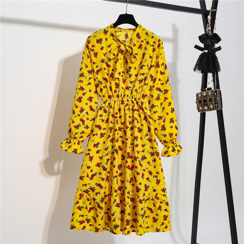 Long Sleeve Floral Print Chiffon Dress - Medium Lace Up Slim Fit Women's Dress