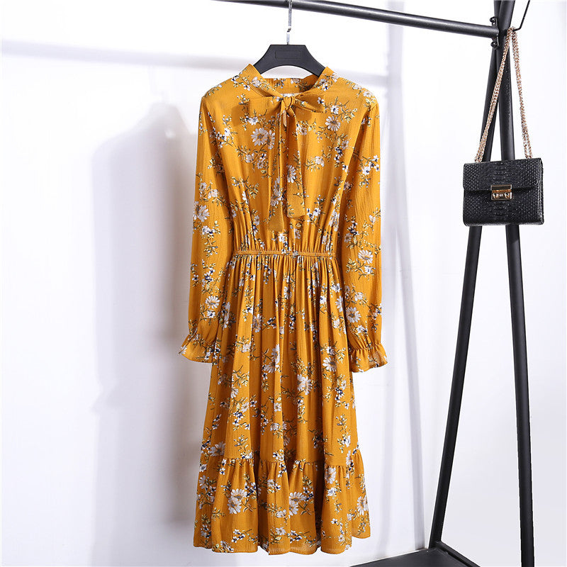 Long Sleeve Floral Print Chiffon Dress - Medium Lace Up Slim Fit Women's Dress -dropshippingabc.com