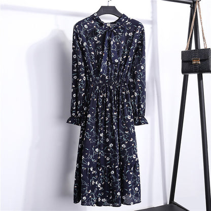 Long Sleeve Floral Print Chiffon Dress - Medium Lace Up Slim Fit Women's Dress -dropshippingabc.com