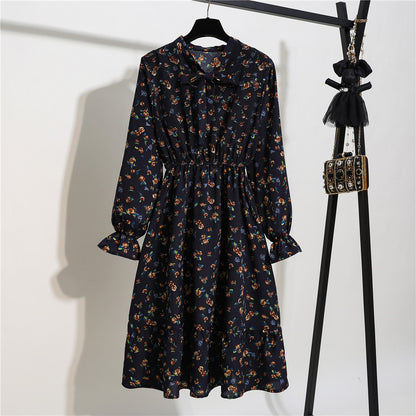 Long Sleeve Floral Print Chiffon Dress - Medium Lace Up Slim Fit Women's Dress -dropshippingabc.com