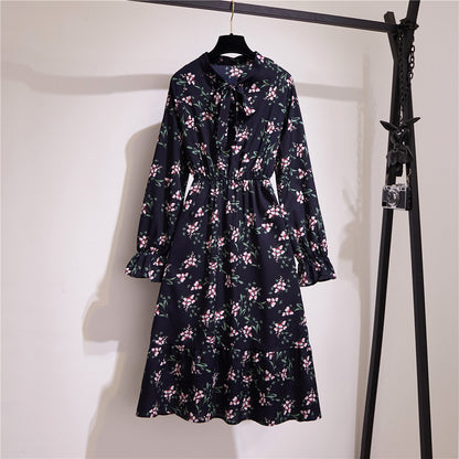 Long Sleeve Floral Print Chiffon Dress - Medium Lace Up Slim Fit Women's Dress