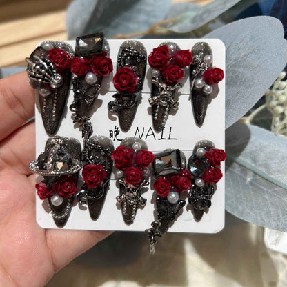 3D Roses & Pearl Press On Nails - Short Stiletto Elegant Fake Nails with Glue Kit #1019