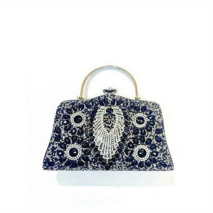 Nightout Bag with Diamond Inlaid Metal Handle - Large Evening Clutch Purse for Ladies Banquet, Single Shoulder & Crossbody Carry