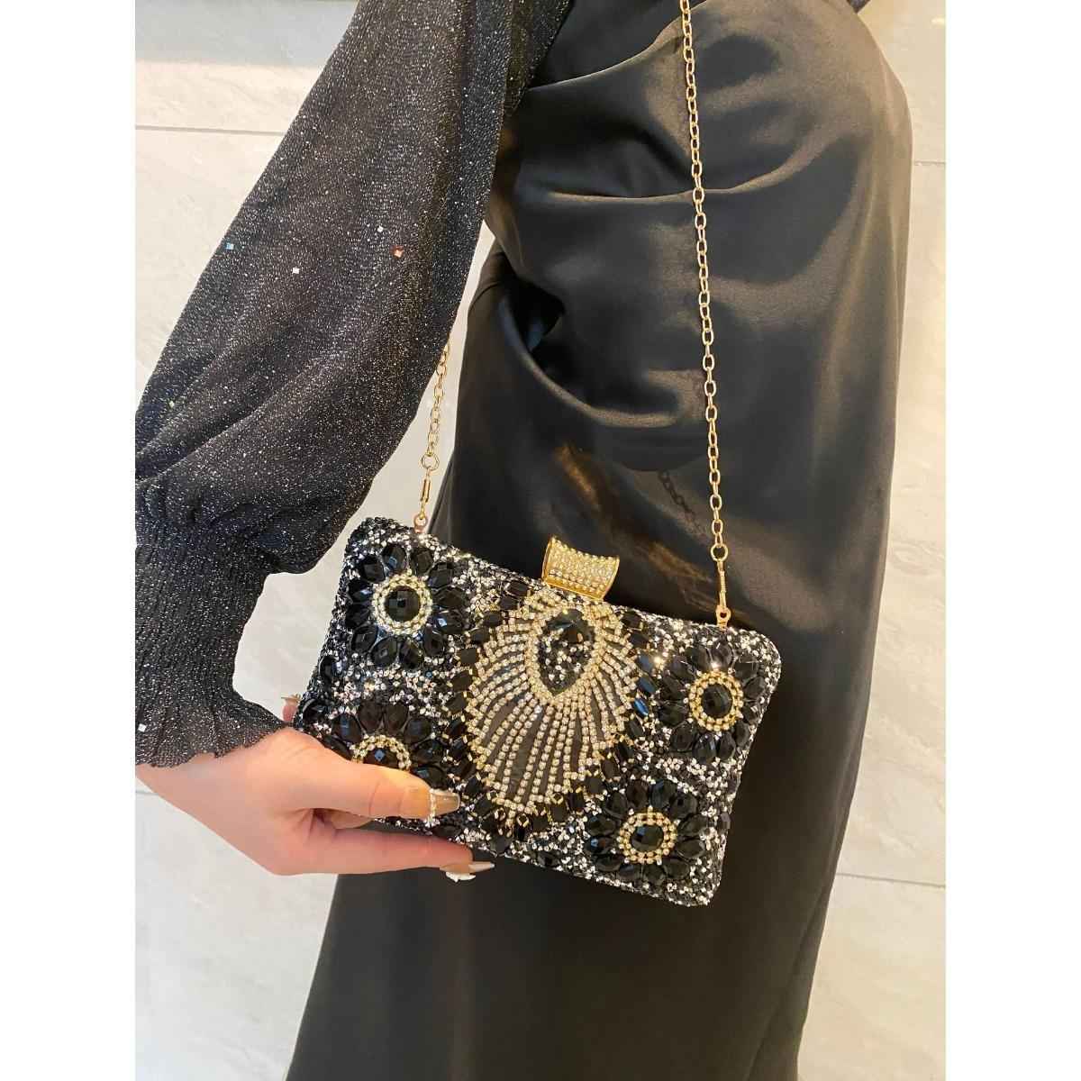 Handmade Rhinestone Evening Bag - Metal Top Handle Bar with Detachable Crossbody Chain for Party Prom Wedding