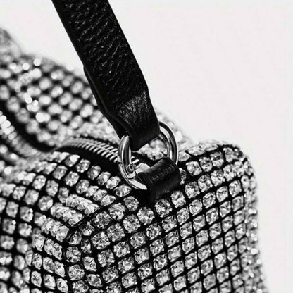Fully Rhinestone Evening Bag - Rectangle Shape with Leather Handle & Detachable Crossbody Chain, Small Party Shoulder Purse