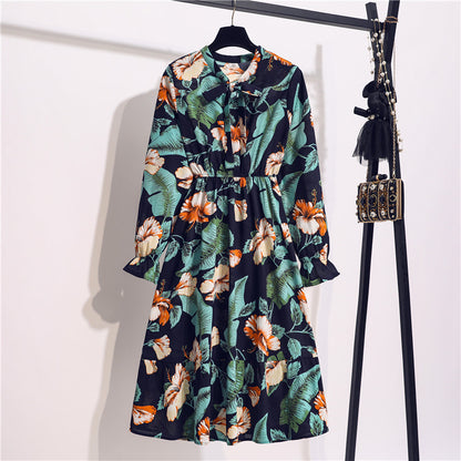 Long Sleeve Floral Print Chiffon Dress - Medium Lace Up Slim Fit Women's Dress -dropshippingabc.com