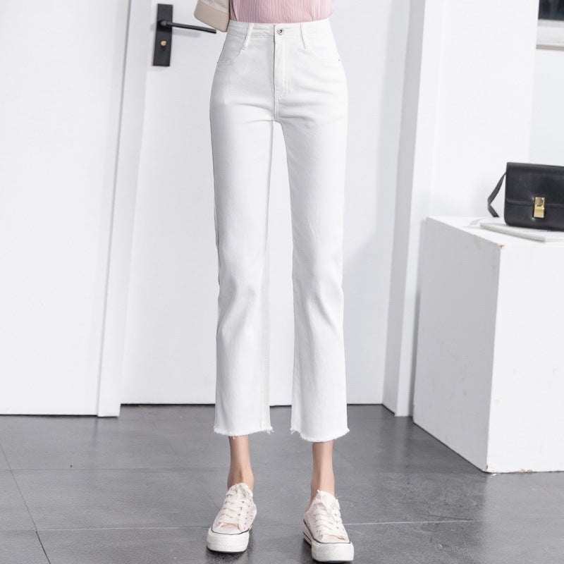 Women's White Thin Straight Leg Jeans - Slim Fit Cropped Pants for Spring and Autumn -dropshippingabc.com