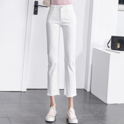 Women's White Thin Straight Leg Jeans - Slim Fit Cropped Pants for Spring and Autumn -dropshippingabc.com