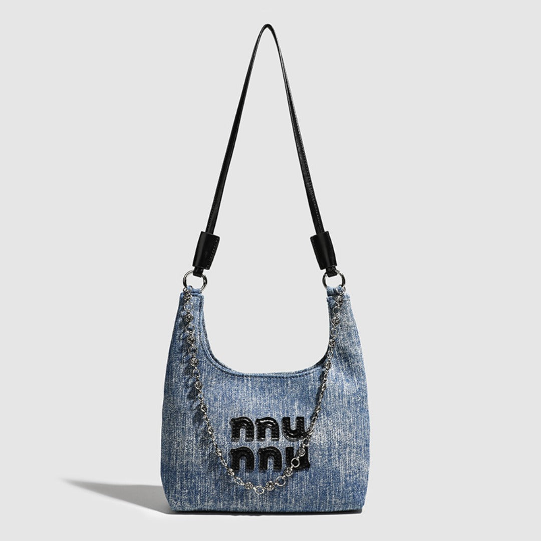 Simple Retro Small Crossbody Denim Slouch Bag - Versatile Denim Hobo Purse with Chain Strap -dropshippingabc.com