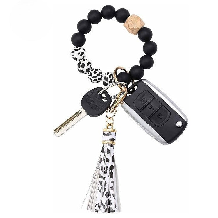 PU Tassel Keychain Bag charm Silicone Beaded Keychain Wristlet Key Ring Bracelet Cute Car Key Chain Holder for Women Girls -dropshippingabc.com