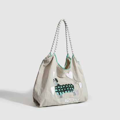 Embroidered Dog Pattern Hobo Bag - Large Capacity Nylon Shoulder Bag for Women Commuters -dropshippingabc.com