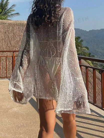 Women's Loose Drop Shoulder & Bell Sleeve Beach Cover Up For Casual Or Vacation Outfit -dropshippingabc.com