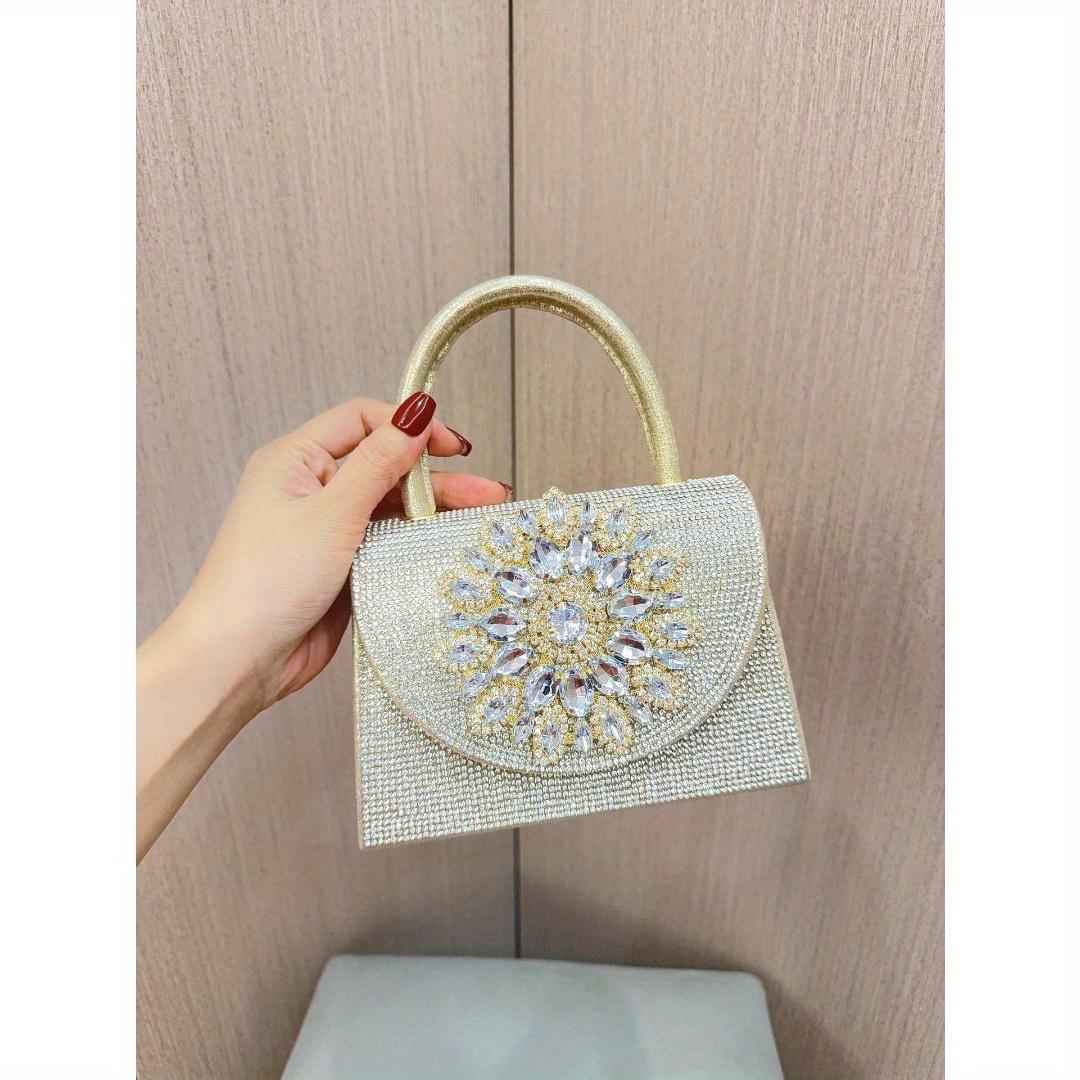 Square Leather Evening Purse - Metal Top Handle Clutch with Detachable Crossbody Chain for Wedding & Birthday Parties