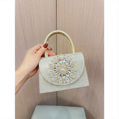 Square Leather Evening Purse - Metal Top Handle Clutch with Detachable Crossbody Chain for Wedding & Birthday Parties