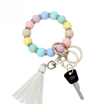 PU Tassel Keychain Bag charm Silicone Beaded Keychain Wristlet Key Ring Bracelet Cute Car Key Chain Holder for Women Girls