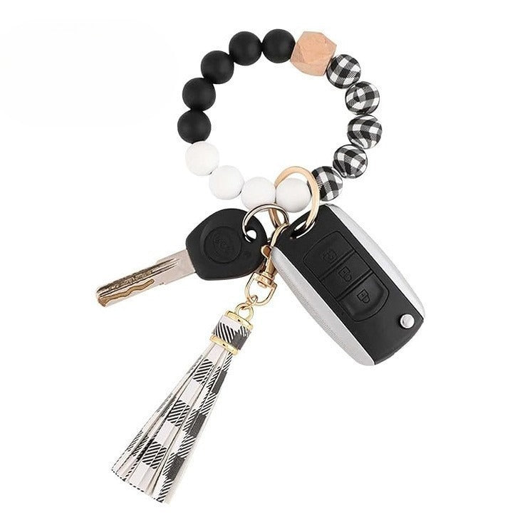 PU Tassel Keychain Women's Bag charm Silicone Beaded Keychain Wristlet Key Ring Bracelet Cute Car Key Chain Holder for Women Girls