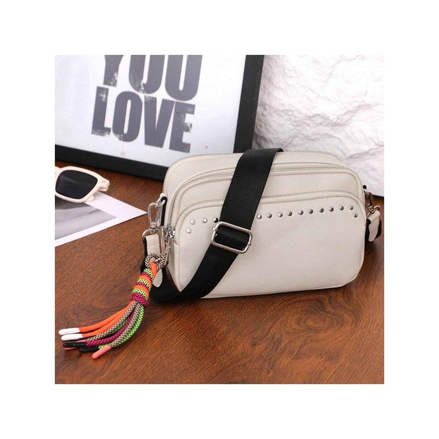 Women's Small Crossbody Bag - Beige & Black Square Purse with Multiple Pockets, Trendy Tassel & Wide Comfortable Nylon Guitar Strap