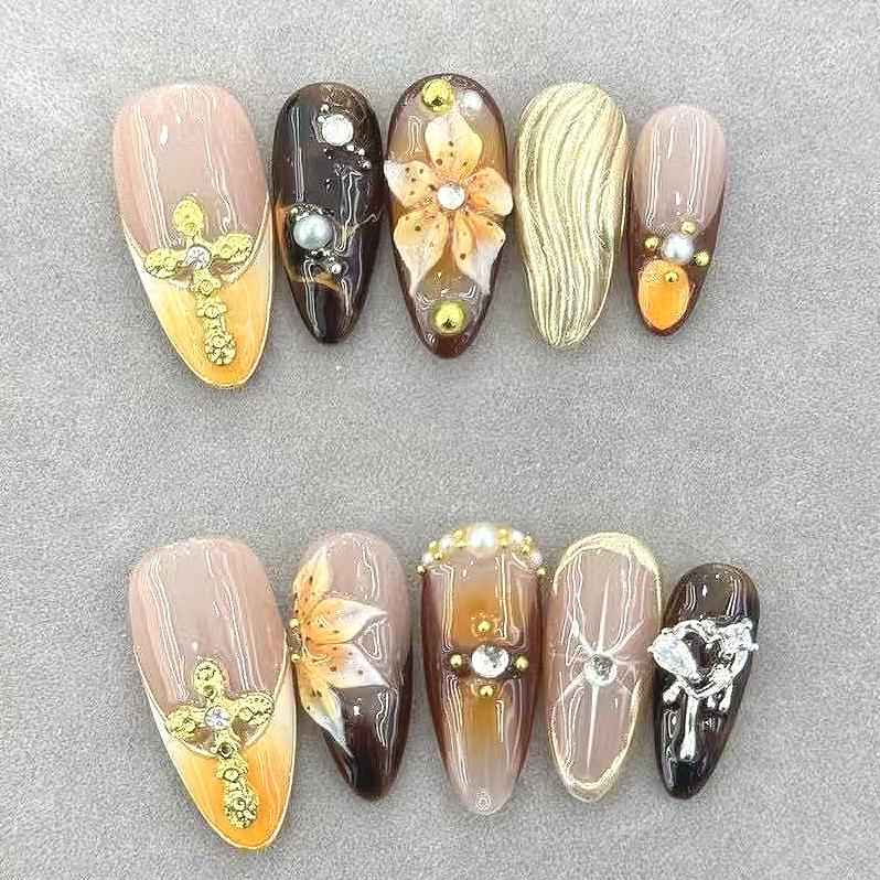 Short Almond 3D Floral Press On Nails - Glitter Gradient Shiny Artificial Nails with Glue 1070