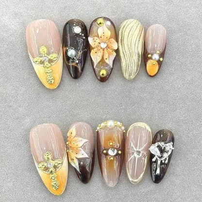 Short Almond 3D Floral Press On Nails - Glitter Gradient Shiny Artificial Nails with Glue 1070