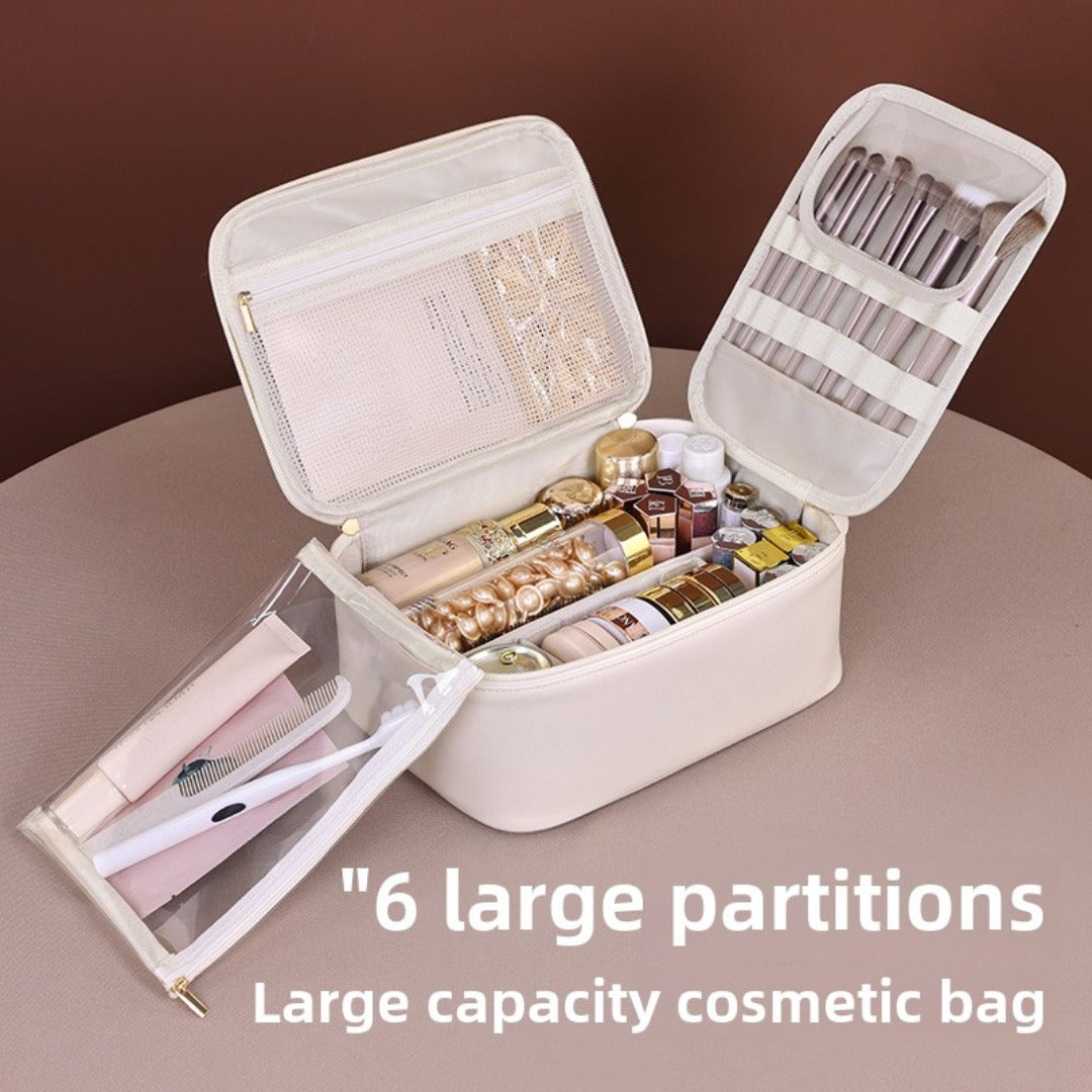 Makeup Bag with 6 Compartments | Large Capacity Travel Organizer with Brush Holder -dropshippingabc.com