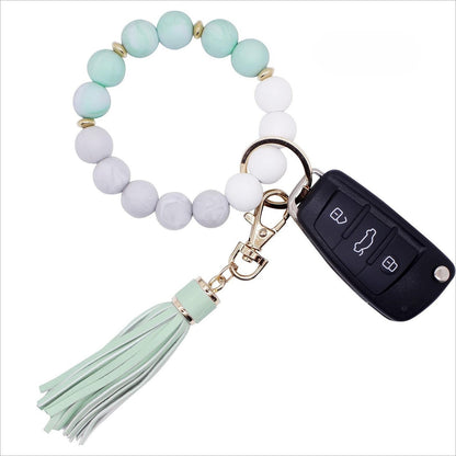 PU Tassel Keychain Women's Bag charm Silicone Beaded Keychain Wristlet Key Ring Bracelet Cute Car Key Chain Holder for Women Girls