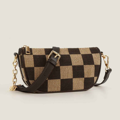 Checkerboard Canvas Crossbody Bag - 2-in-1 Compact Chest Bag & Fanny Pack with Earphone Storage