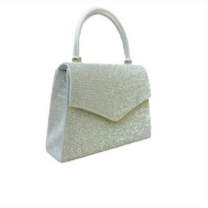 Square Rhinestone Evening Clutch for Women - Silver Dinner Bag with Leather Top Handle for Party & Dinner
