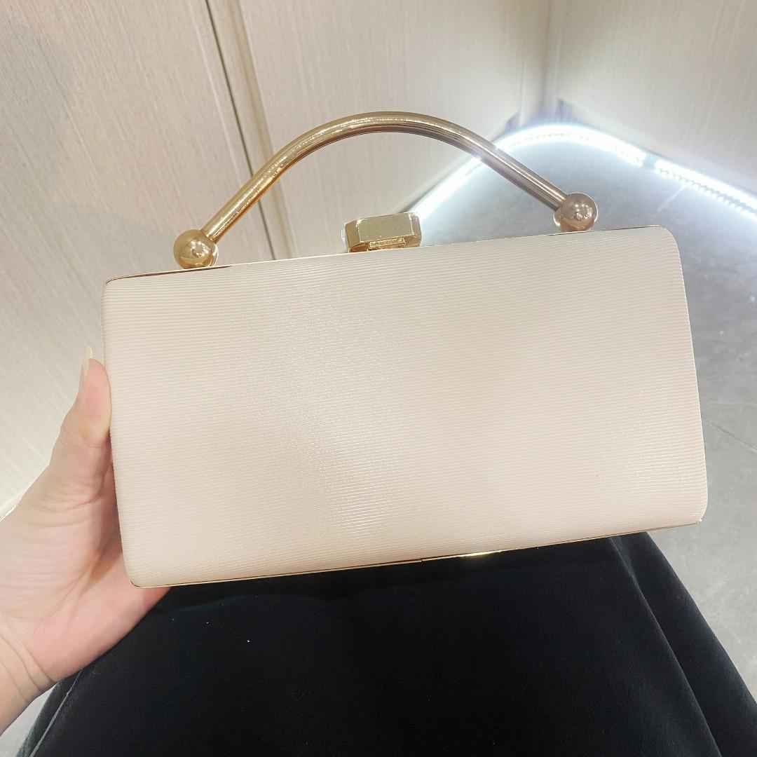 Rectangle Long Evening Purse - Leather Surface with Metal Top Handle & Detachable Crossbody Chain