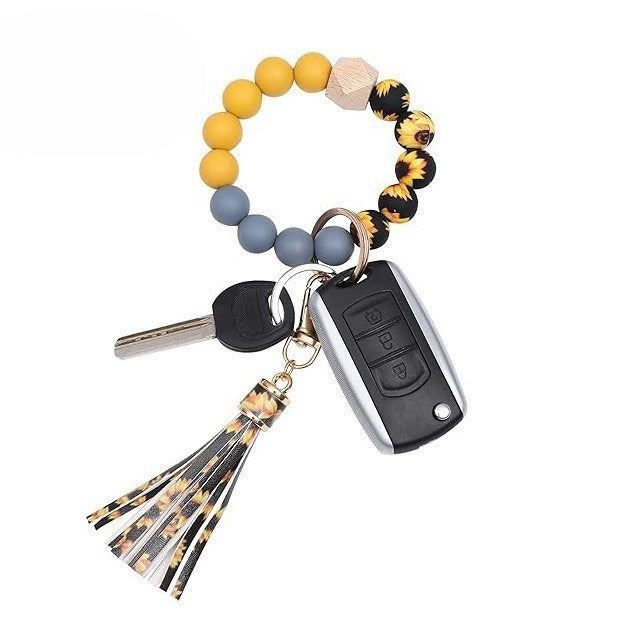 PU Tassel Keychain Women's Bag charm Silicone Beaded Keychain Wristlet Key Ring Bracelet Cute Car Key Chain Holder for Women Girls