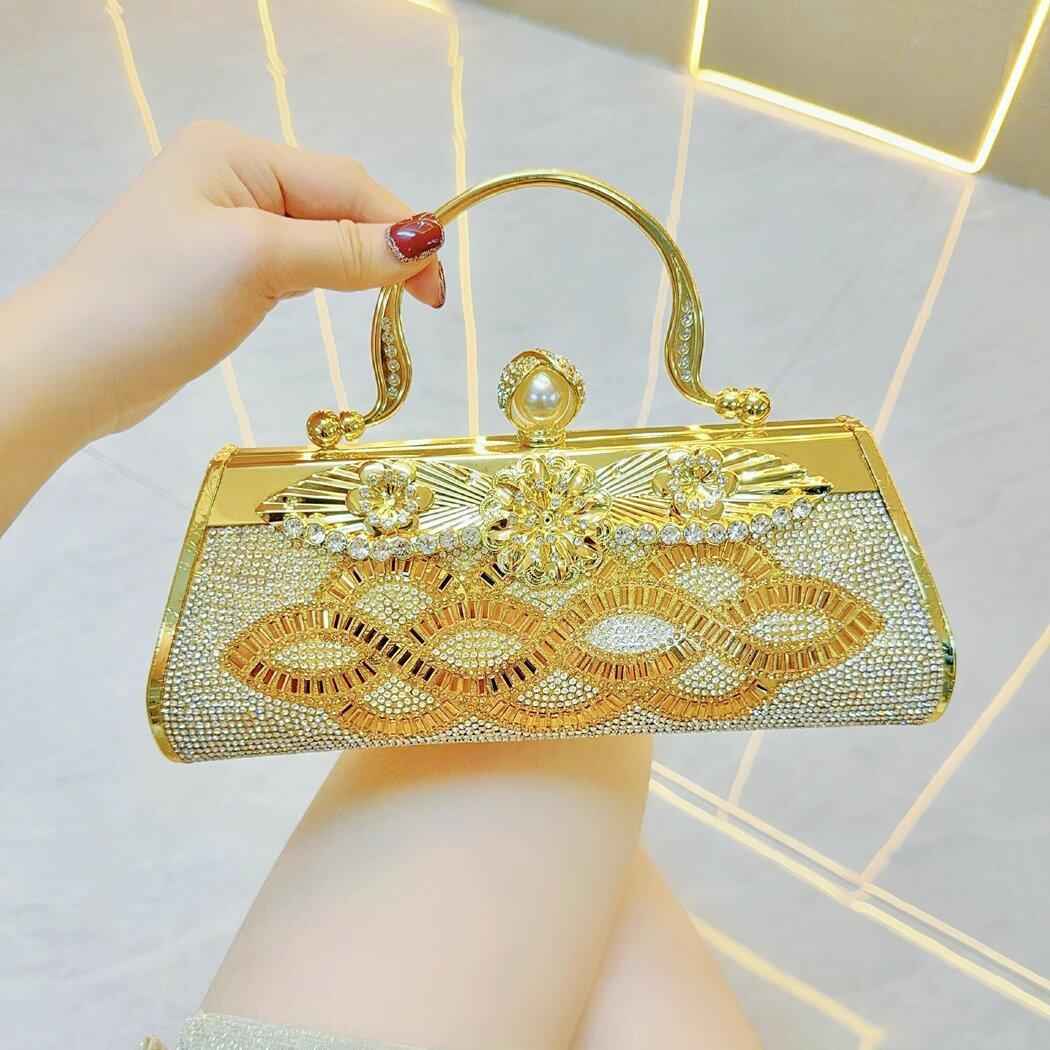 Long Rhinestone Evening Purse - Metal Top Handle Dinner Bag, Elegant Cocktail Dress Clutch for Parties