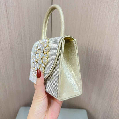 Square Leather Evening Purse - Metal Top Handle Clutch with Detachable Crossbody Chain for Wedding & Birthday Parties