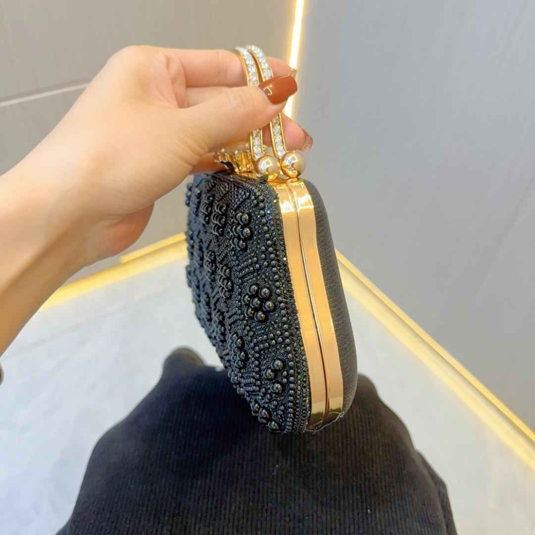 Vintage Evening Purse with Pearl Embellishment - Metal Top Handle & Detachable Crossbody Chain Wedding Clutch M4676-089113