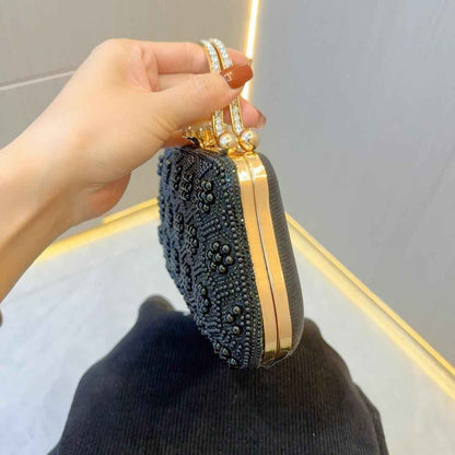 Vintage Evening Purse with Pearl Embellishment - Metal Top Handle & Detachable Crossbody Chain Wedding Clutch M4676-089113