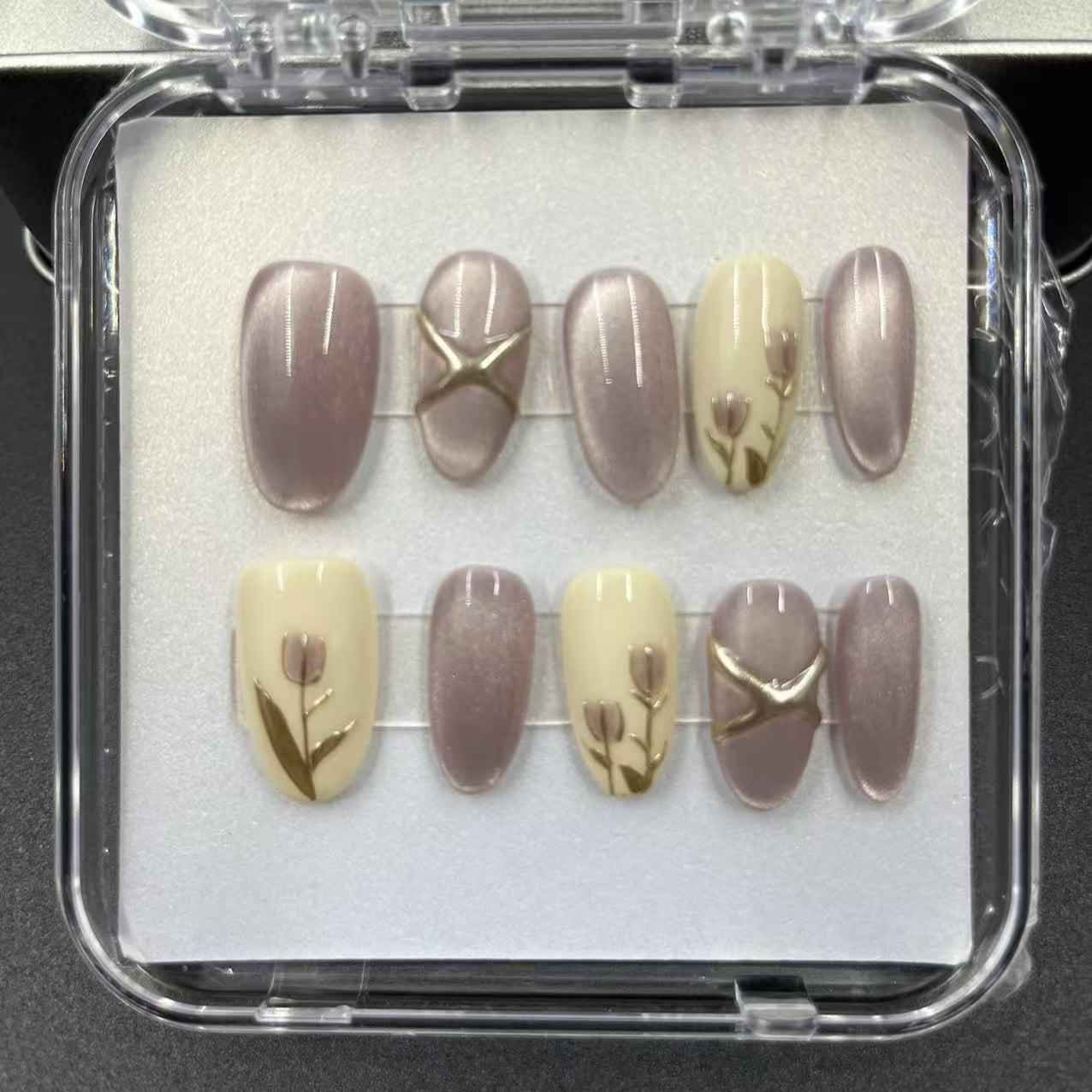 French Tips & Cat Eye Press On Nails - Short Almond Light Purple Taro Color Fake Nails Removable with Glue Kit #1046