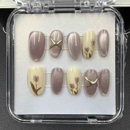 French Tips & Cat Eye Press On Nails - Short Almond Light Purple Taro Color Fake Nails Removable with Glue Kit #1046