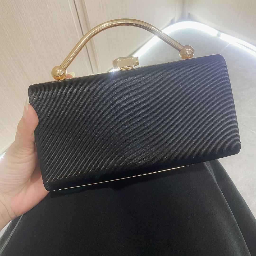 Rectangle Long Evening Purse - Leather Surface with Metal Top Handle & Detachable Crossbody Chain