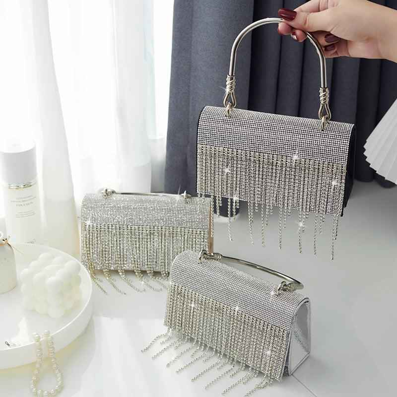 Rectangle Evening Clutch Purse with Glittering Rhinestone Tassel - Small Square Bag with Metal Handle & Detachable Chain